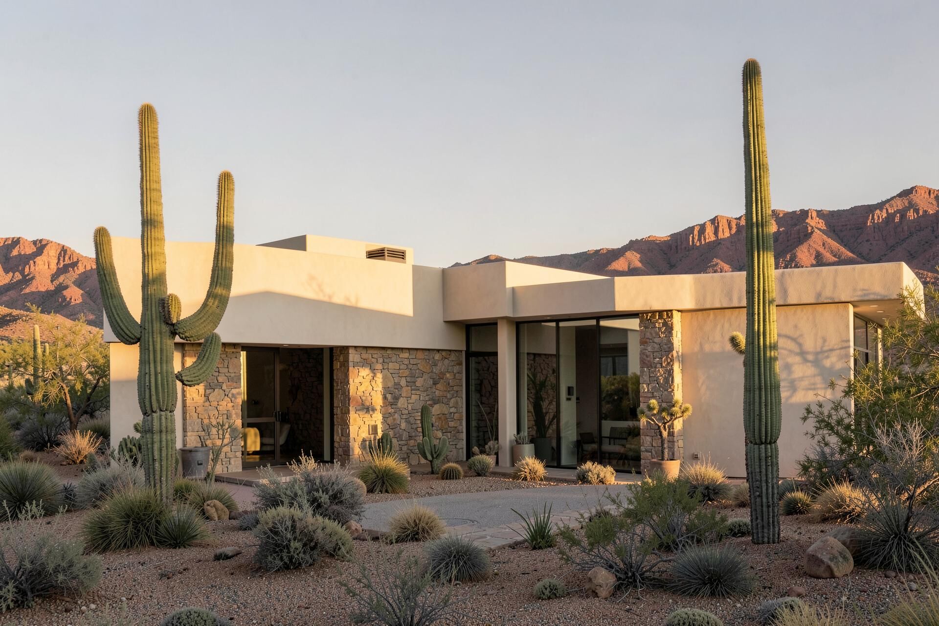 Modern Arizona desert home at golden hour with saguaro cactus and red rock mountains